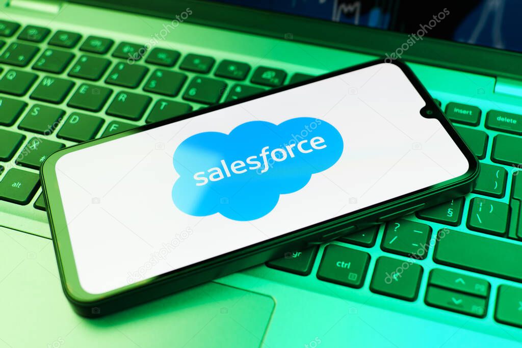 Prague, Czechia - 02 21 2025: Laptop on surface showing Salesforce logo.