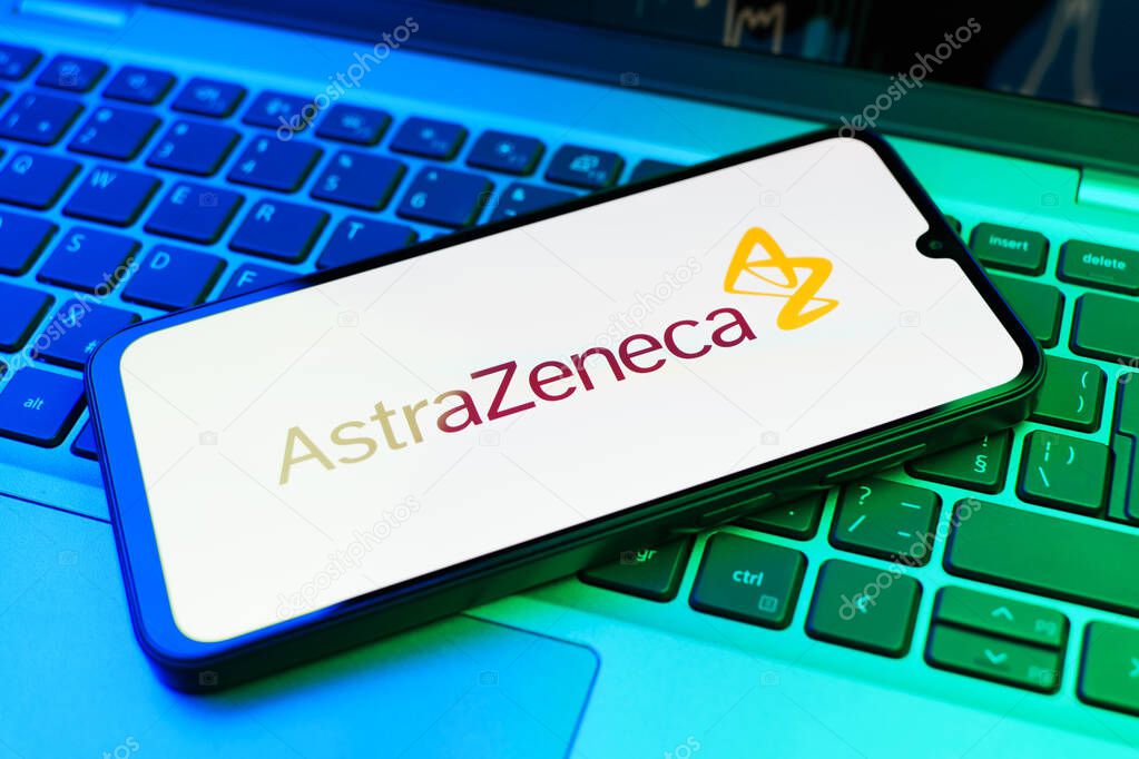 Prague, Czechia - 02 21 2025: Laptop on surface showing AstraZeneca logo.