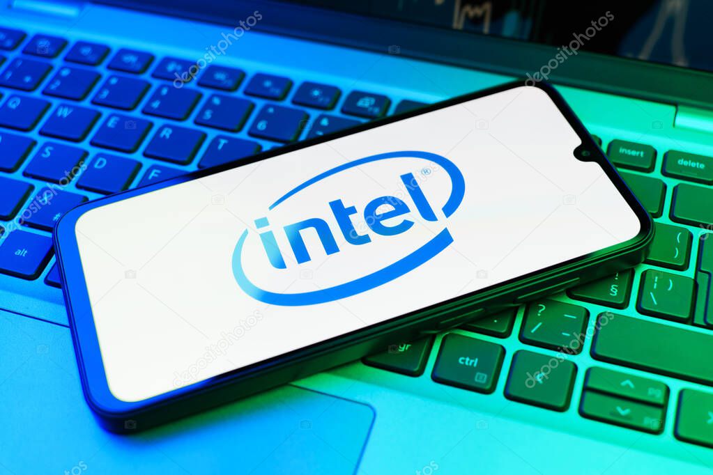 Prague, Czechia - 02 21 2025: Laptop on surface showing Intel logo.