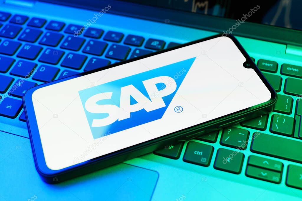 Prague, Czechia - 02 21 2025: Laptop on surface showing SAP logo.