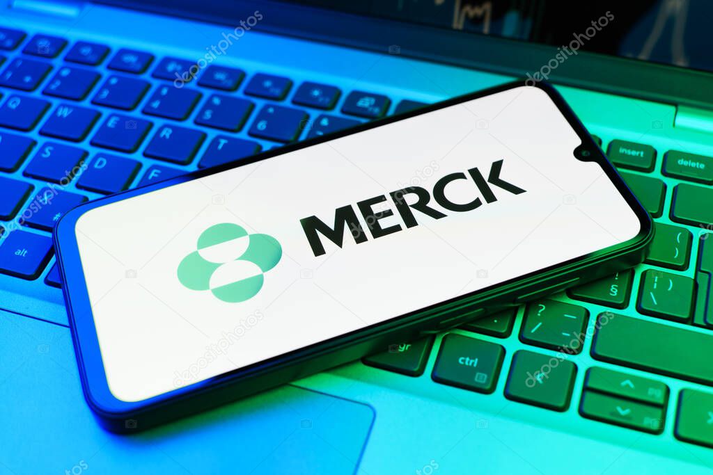Prague, Czechia - 02 21 2025: Laptop on surface showing Merck logo.