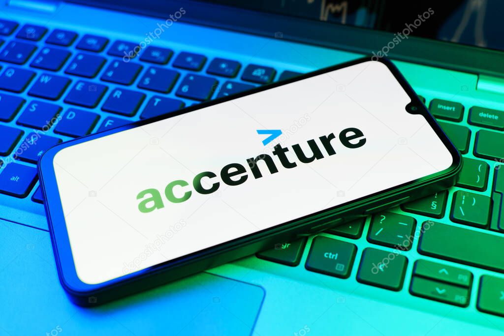Prague, Czechia - 02 21 2025: Laptop on surface showing Accenture logo.