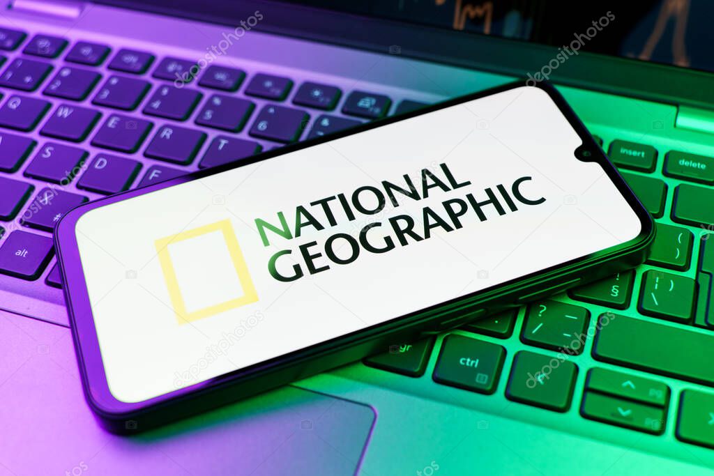 Prague, Czechia - 02 21 2025: Laptop on surface showing National Geographic logo.
