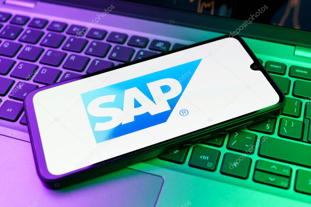 Prague, Czechia - 02 21 2025: Laptop on surface showing SAP logo.