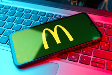 Prag, Çek Cumhuriyeti - 02 21 2025: McDonalds logosunu gösteren dizüstü bilgisayar.