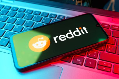 Prag, Çek Cumhuriyeti - 02 21 2025: Reddit logosunu gösteren dizüstü bilgisayar.