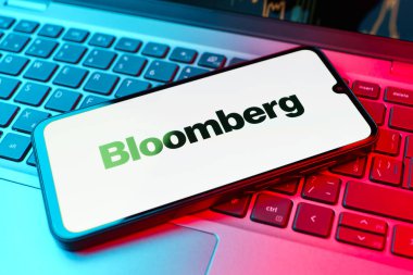 Prag, Çek Cumhuriyeti - 02 21 2025: Bloomberg logosunu gösteren dizüstü bilgisayar.