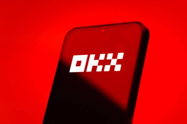 Prag, Çek Cumhuriyeti - 10 21 2024: Yüzeyde OKX logosu gösteren akıllı telefon.