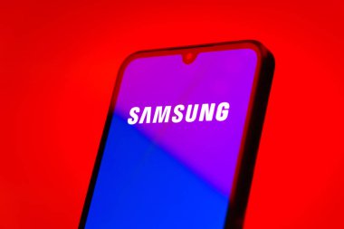 Prag, Çek Cumhuriyeti - 10 21 2024: Samsung logosunu gösteren akıllı telefon.