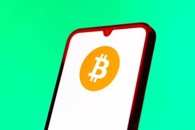 Prag, Çek Cumhuriyeti - 10 21 2024: Bitcoin logosunu gösteren akıllı telefon.