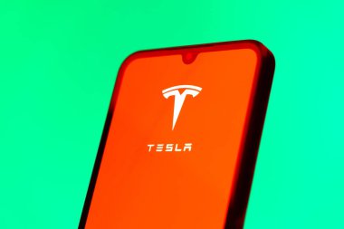 Prag, Çek Cumhuriyeti - 10 21 2024: Tesla logosunu gösteren akıllı telefon.