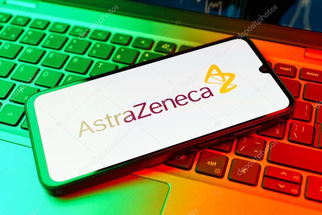Prague, Czechia - 02 21 2025: Laptop on surface showing AstraZeneca logo.