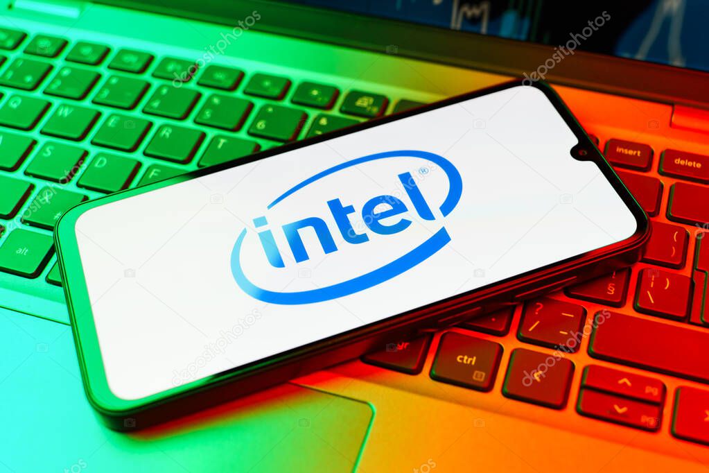 Prague, Czechia - 02 21 2025: Laptop on surface showing Intel logo.
