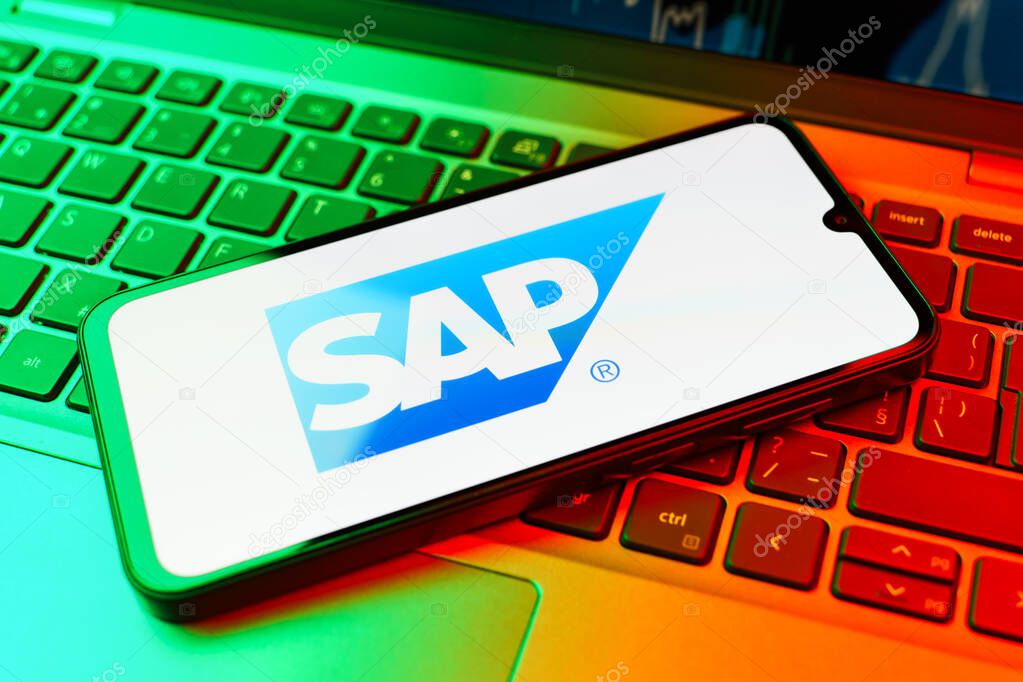 Prague, Czechia - 02 21 2025: Laptop on surface showing SAP logo.
