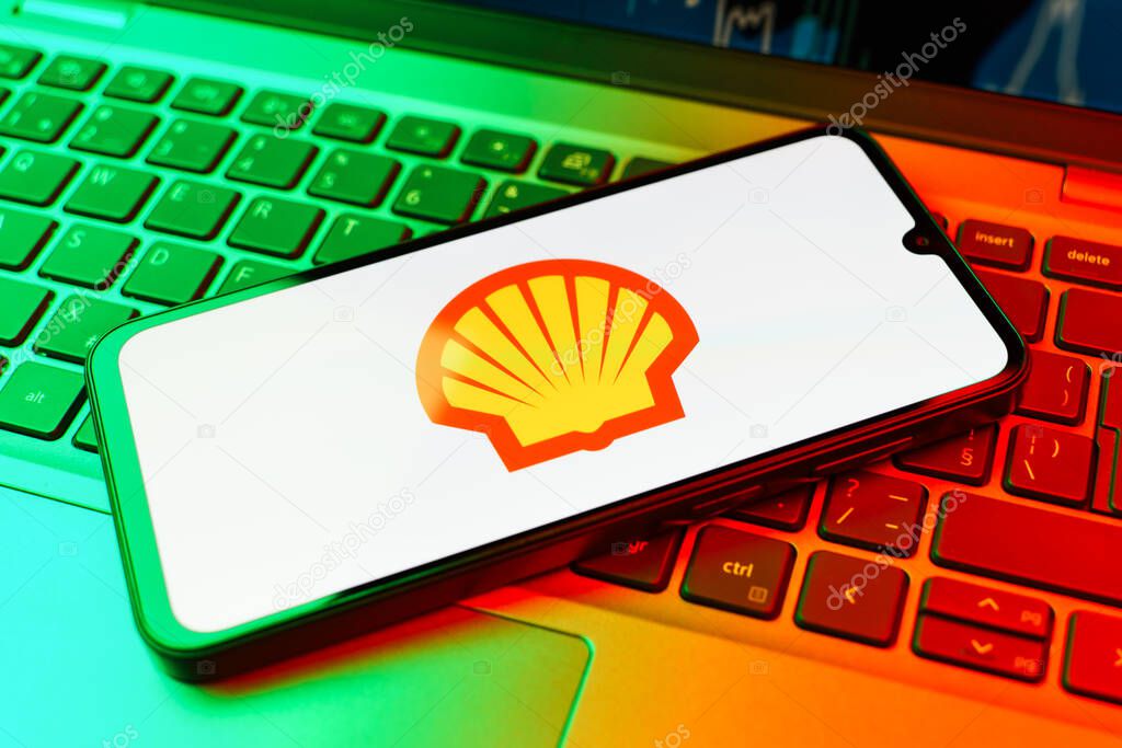 Prague, Czechia - 02 21 2025: Laptop on surface showing Shell logo.