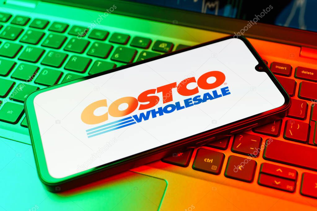 Prague, Czechia - 02 21 2025: Laptop on surface showing Costco logo.