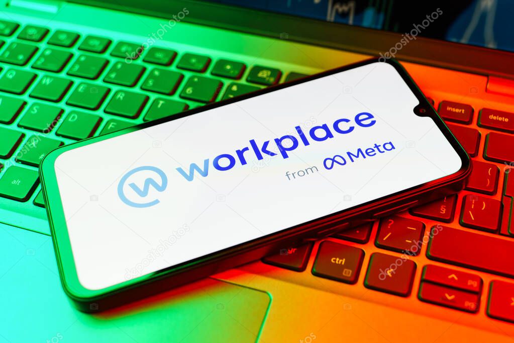 Prague, Czechia - 02 21 2025: Laptop on surface showing Workplace logo.