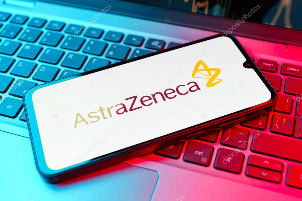 Prague, Czechia - 02 21 2025: Laptop on surface showing AstraZeneca logo.