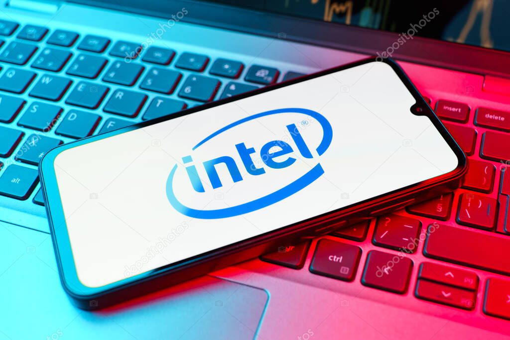 Prague, Czechia - 02 21 2025: Laptop on surface showing Intel logo.