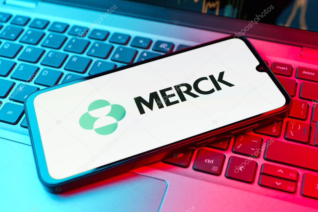 Prague, Czechia - 02 21 2025: Laptop on surface showing Merck logo.