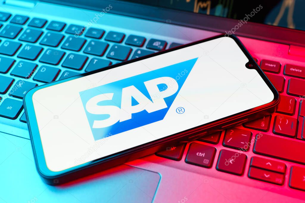 Prague, Czechia - 02 21 2025: Laptop on surface showing SAP logo.