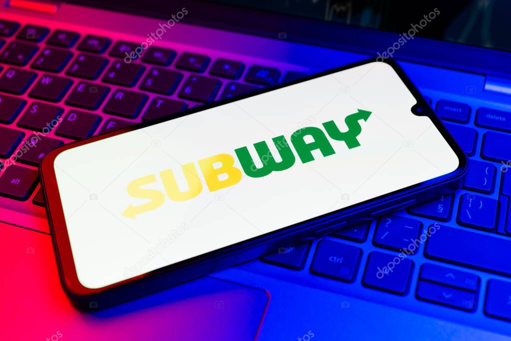 Prague, Czechia - 02 21 2025: Laptop on surface showing Subway logo.