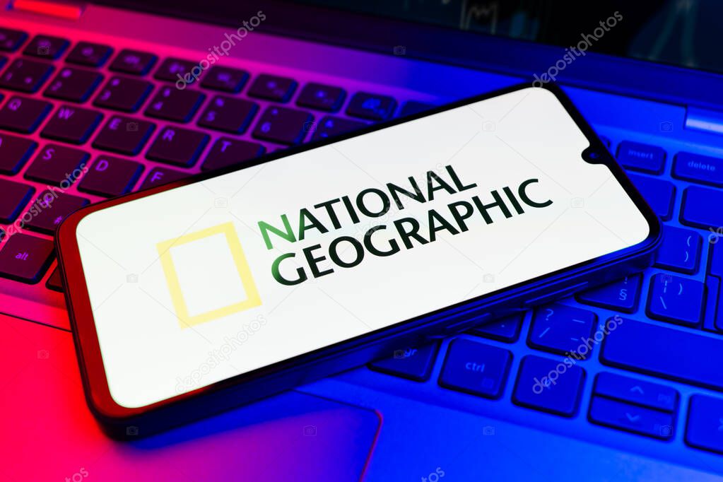 Prague, Czechia - 02 21 2025: Laptop on surface showing National Geographic logo.