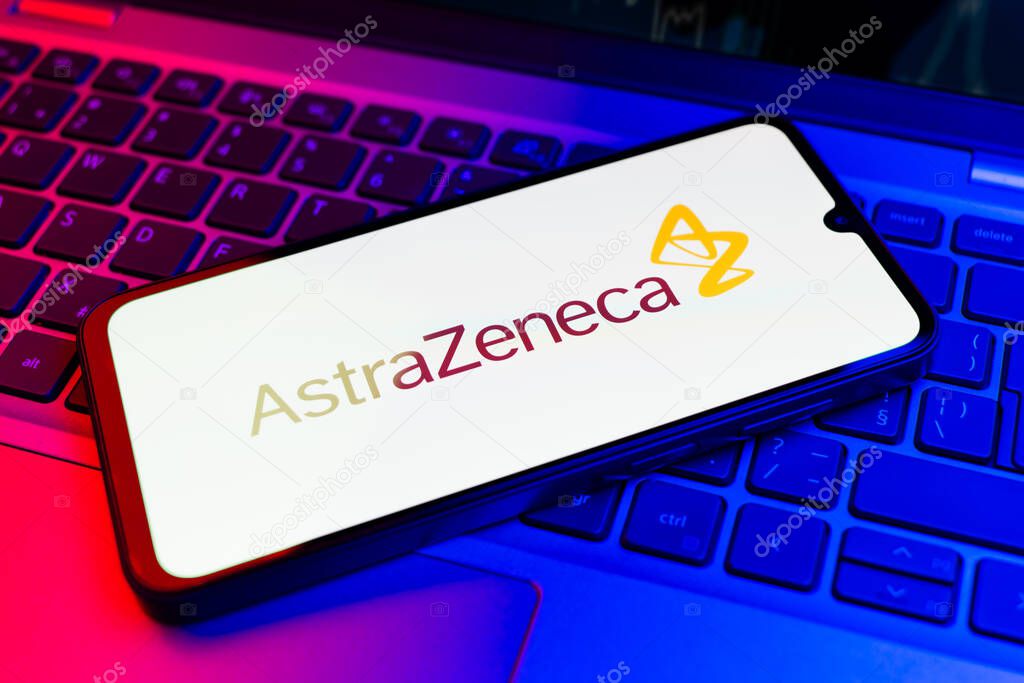 Prague, Czechia - 02 21 2025: Laptop on surface showing AstraZeneca logo.