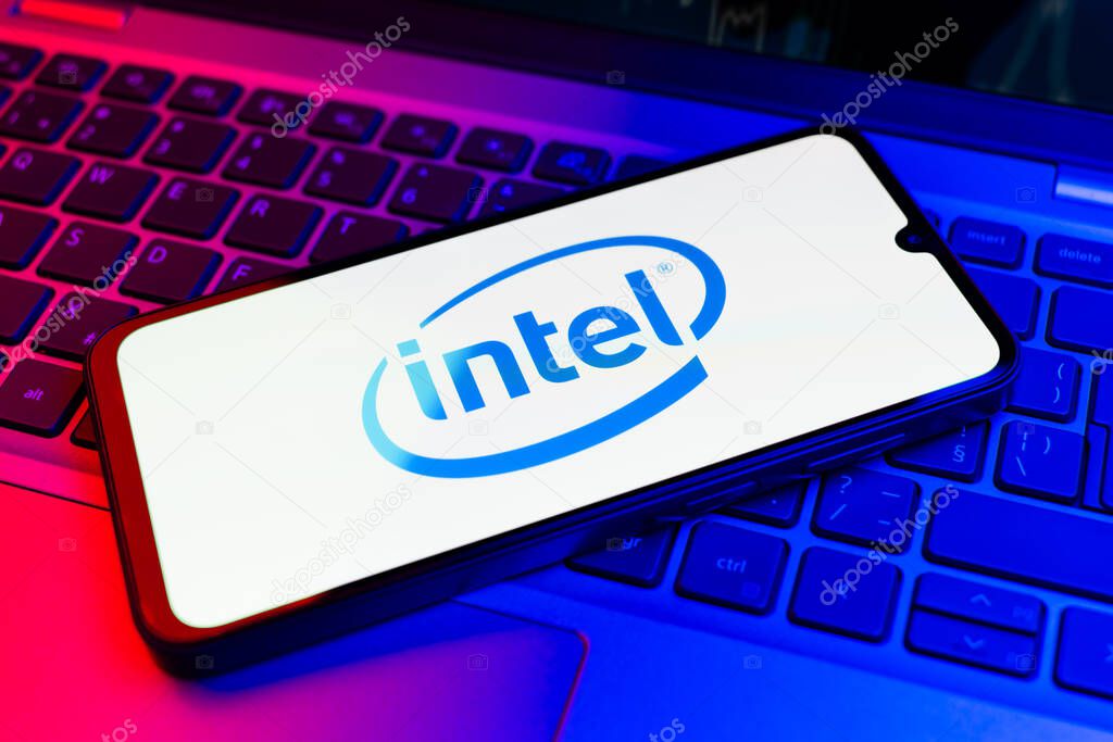 Prague, Czechia - 02 21 2025: Laptop on surface showing Intel logo.