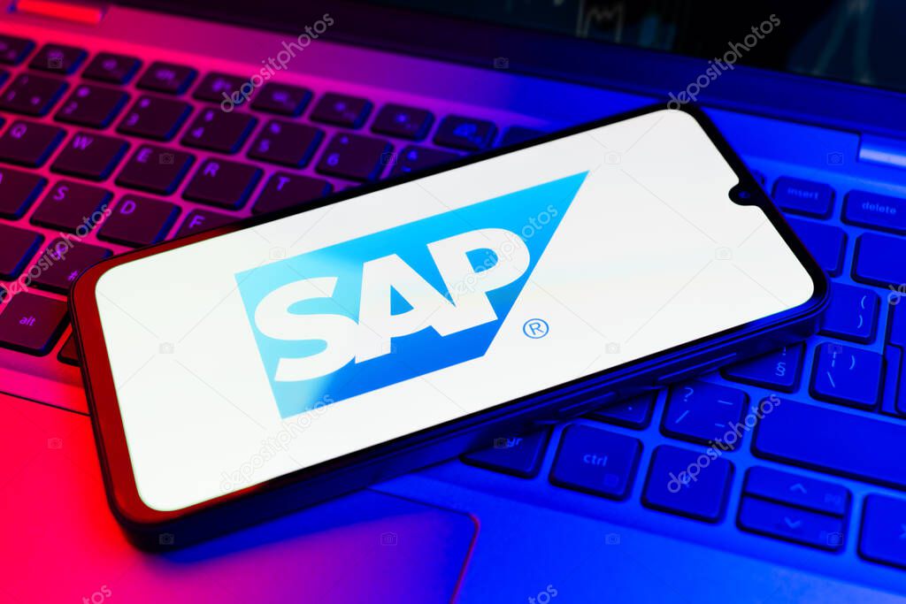Prague, Czechia - 02 21 2025: Laptop on surface showing SAP logo.