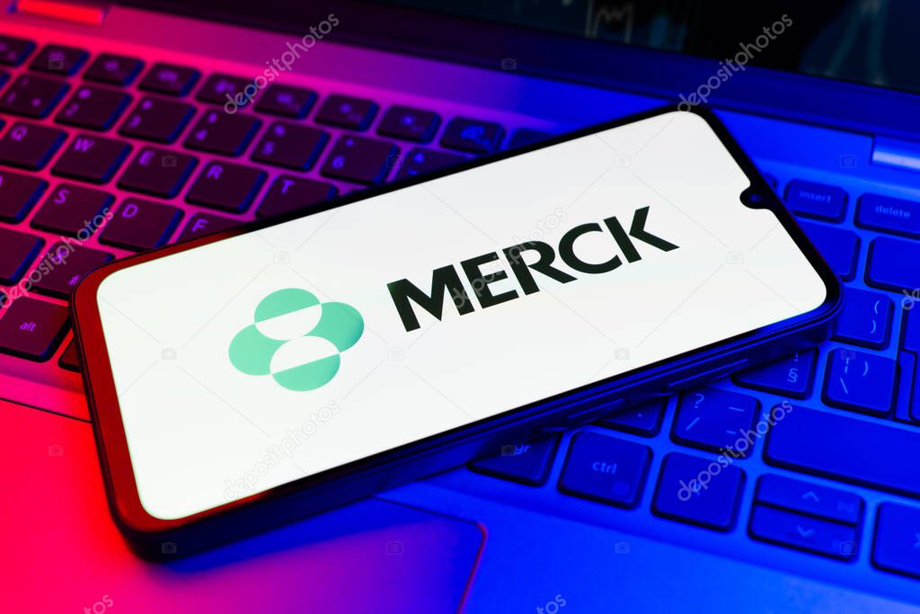 Prague, Czechia - 02 21 2025: Laptop on surface showing Merck logo.