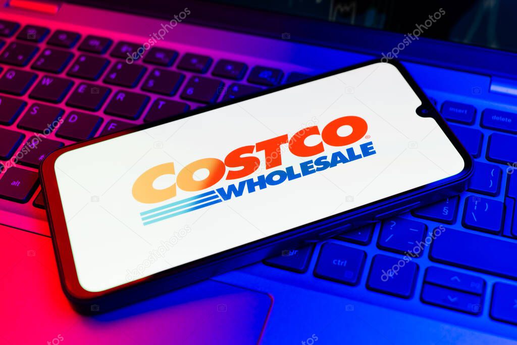 Prague, Czechia - 02 21 2025: Laptop on surface showing Costco logo.