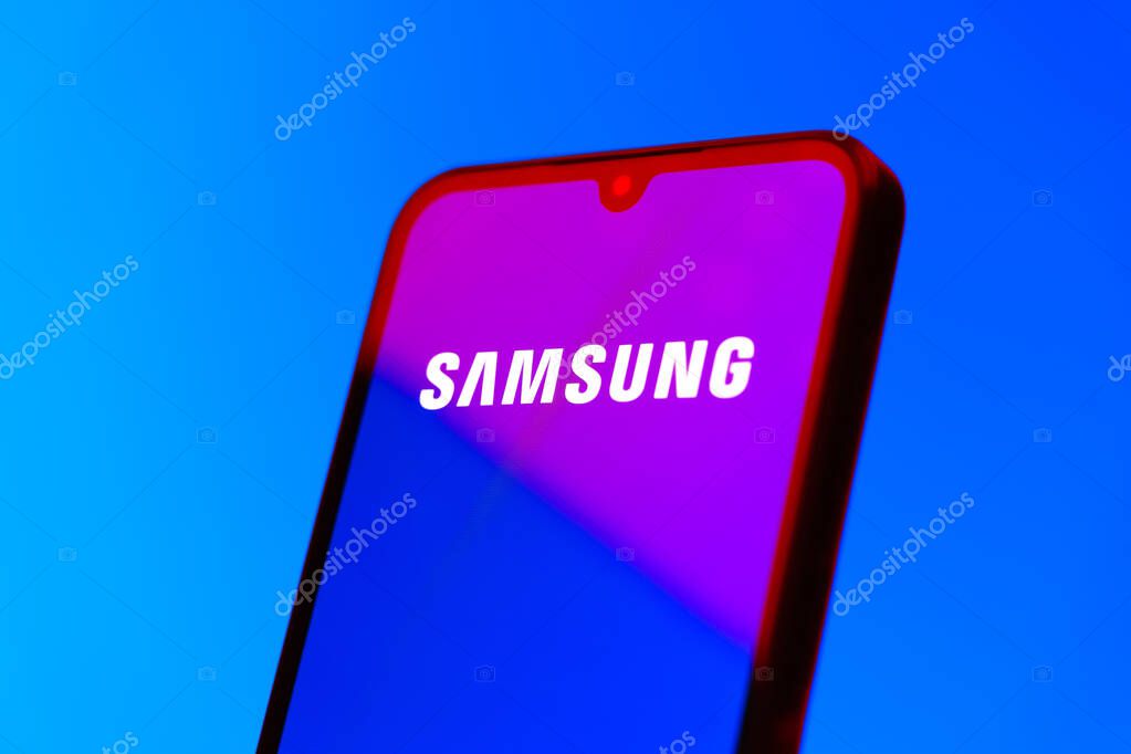 Prague, Czechia - 10 21 2024: Smartphone on surface showing Samsung logo.