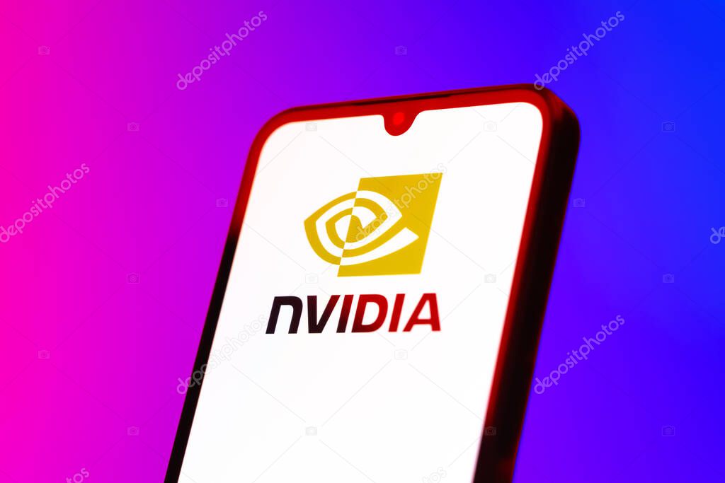 Prague, Czechia - 10 21 2024: Smartphone on surface showing NVIDIA logo.
