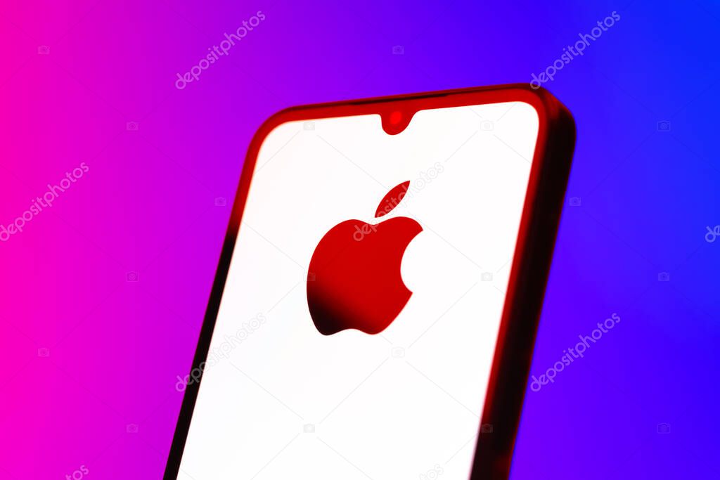 Prague, Czechia - 10 21 2024: Smartphone on surface showing Apple logo.