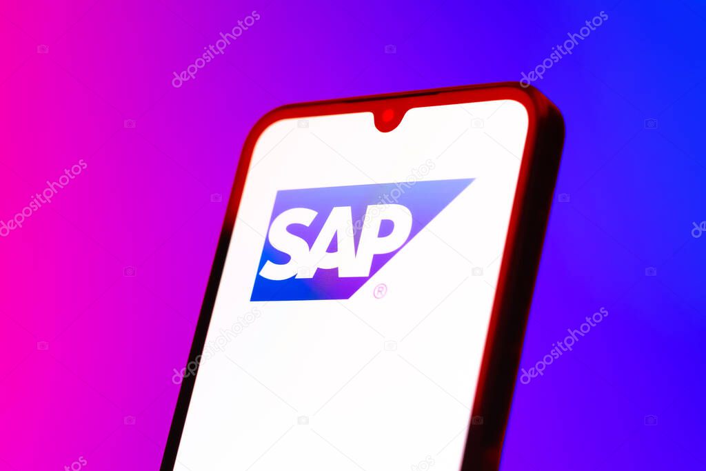 Prague, Czechia - 10 21 2024: Smartphone on surface showing SAP logo.