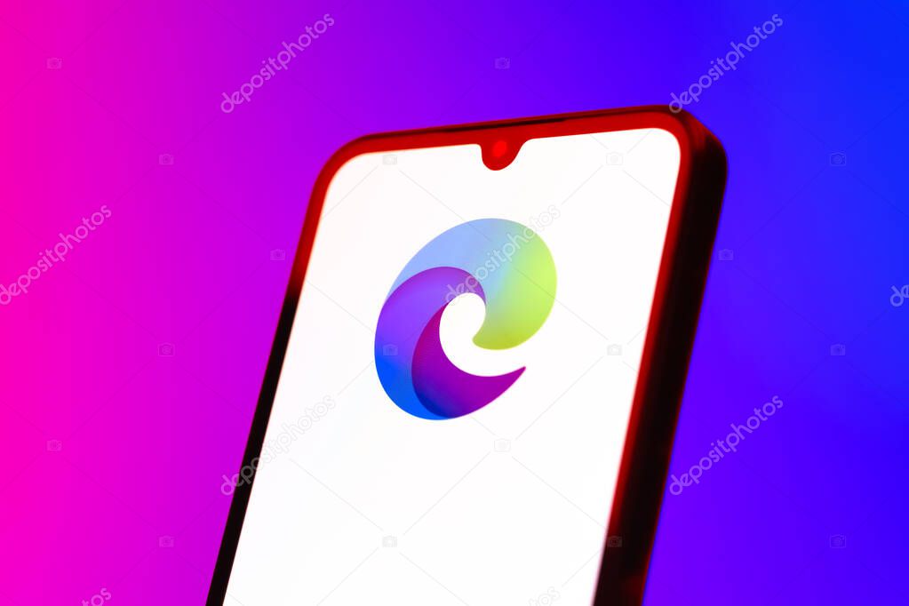 Prague, Czechia - 10 21 2024: Smartphone on surface showing Edge logo.