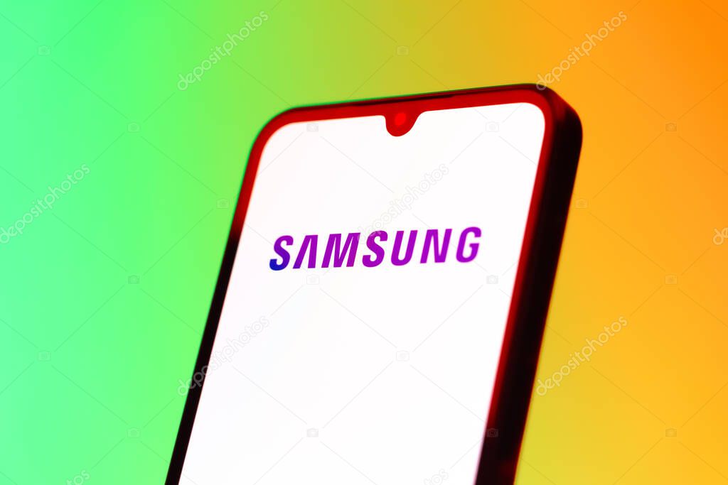 Prague, Czechia - 10 21 2024: Smartphone on surface showing Samsung logo.
