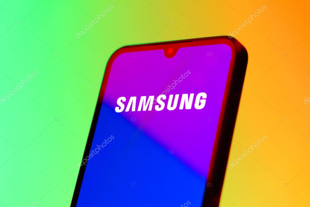 Prague, Czechia - 10 21 2024: Smartphone on surface showing Samsung logo.
