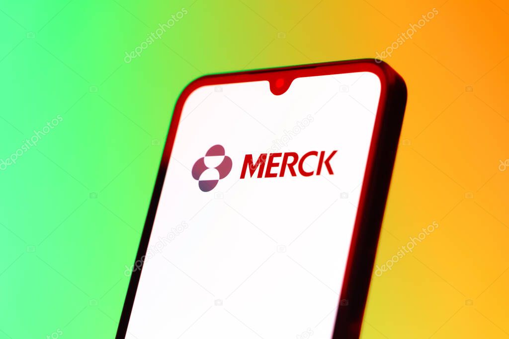 Prague, Czechia - 10 21 2024: Smartphone on surface showing Merck logo.