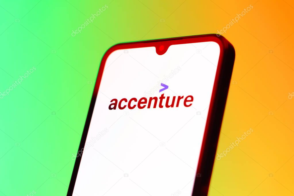 Prague, Czechia - 10 21 2024: Smartphone on surface showing Accenture logo.