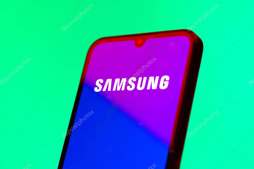 Prague, Czechia - 10 21 2024: Smartphone on surface showing Samsung logo.