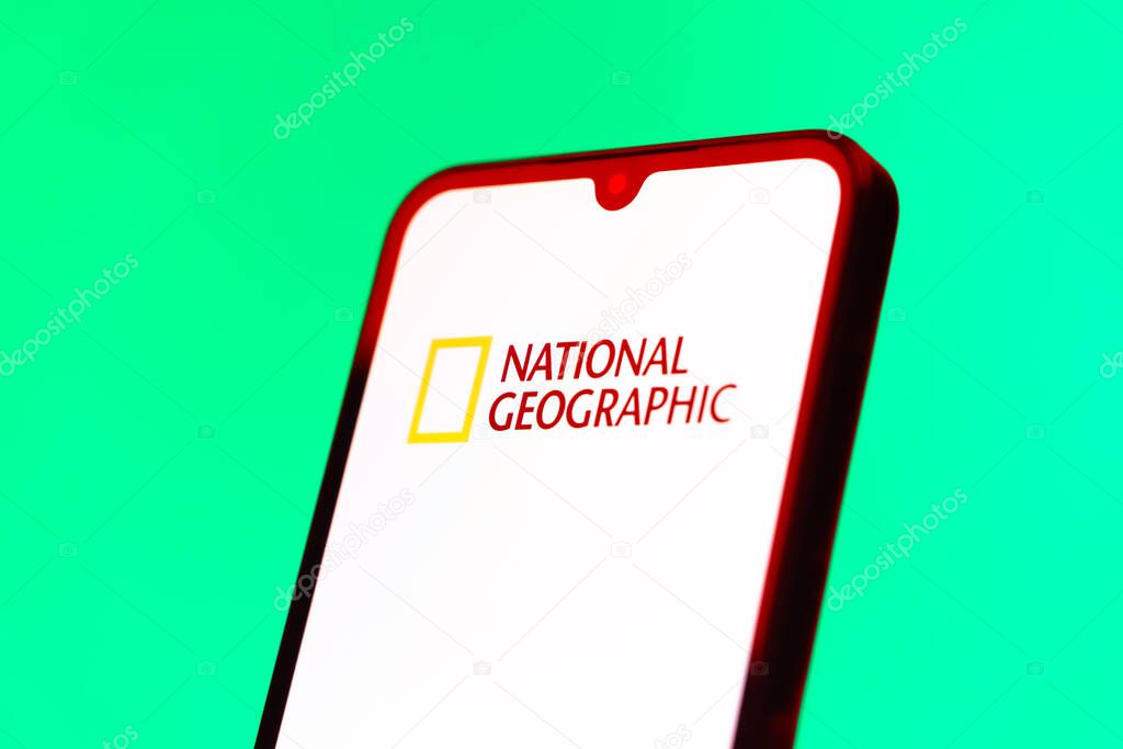Prague, Czechia - 10 21 2024: Smartphone on surface showing National Geographic logo.