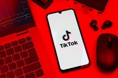 Prag, Çek Cumhuriyeti - 10 21 2024: Tiktok logosunu gösteren akıllı telefon.