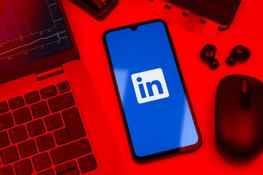 Prag, Çek Cumhuriyeti - 10 21 2024: Yüzeyde LinkedIn logosunu gösteren akıllı telefon.