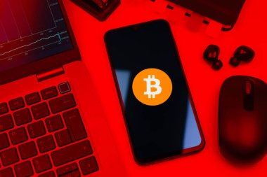 Prag, Çek Cumhuriyeti - 10 21 2024: Bitcoin logosunu gösteren akıllı telefon.