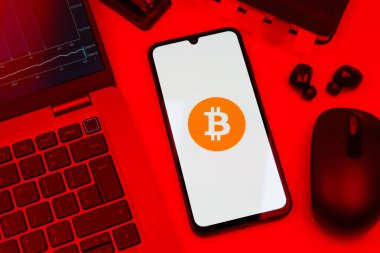 Prag, Çek Cumhuriyeti - 10 21 2024: Bitcoin logosunu gösteren akıllı telefon.