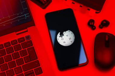 Prag, Çek Cumhuriyeti - 10 21 2024: Wikipedia logosunu gösteren akıllı telefon.