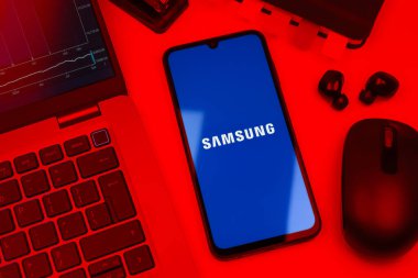 Prag, Çek Cumhuriyeti - 10 21 2024: Samsung logosunu gösteren akıllı telefon.