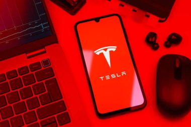 Prag, Çek Cumhuriyeti - 10 21 2024: Tesla logosunu gösteren akıllı telefon.